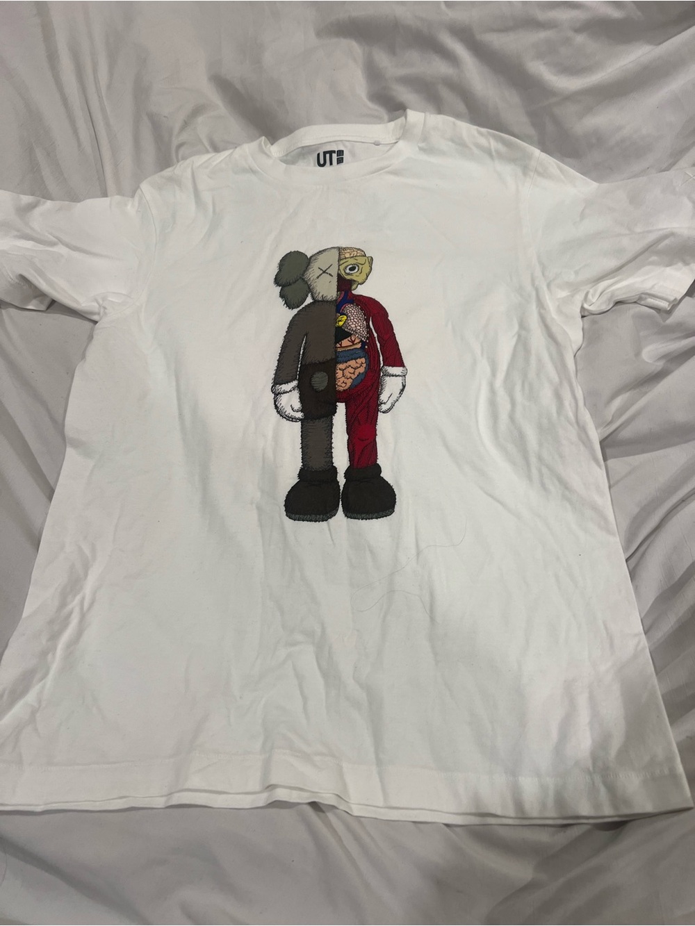 KAWS White Split Character Graphic Tee with Multicolor Embroidery